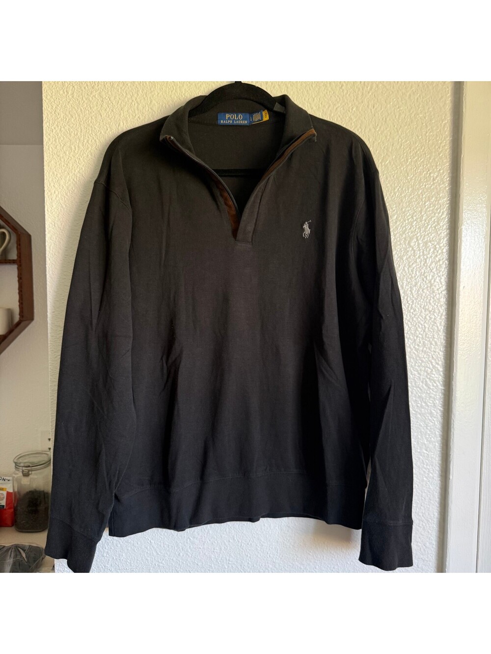 Polo Ralph Lauren Black Half Zip Pullover Mens L Brown Trim Cotton